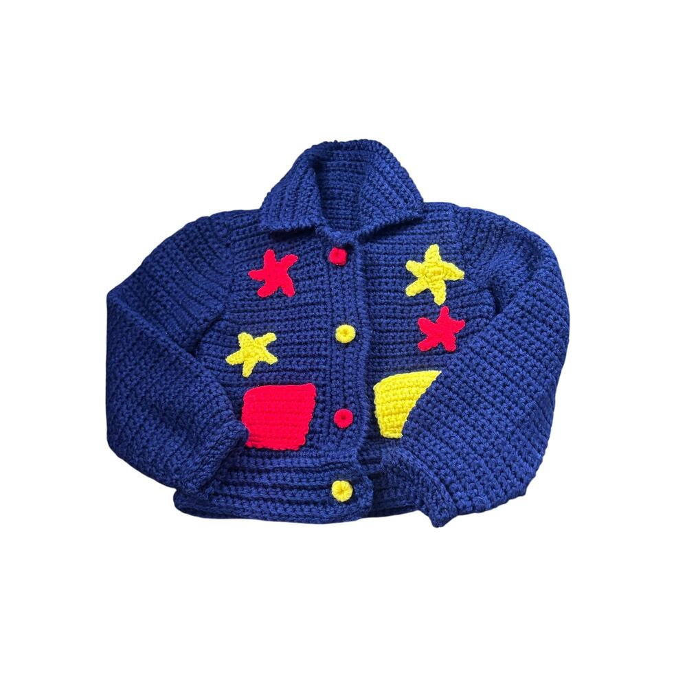 Handmade Knit Childs Sweater Blue Long Sleeve Tiny Pockets Star Accent